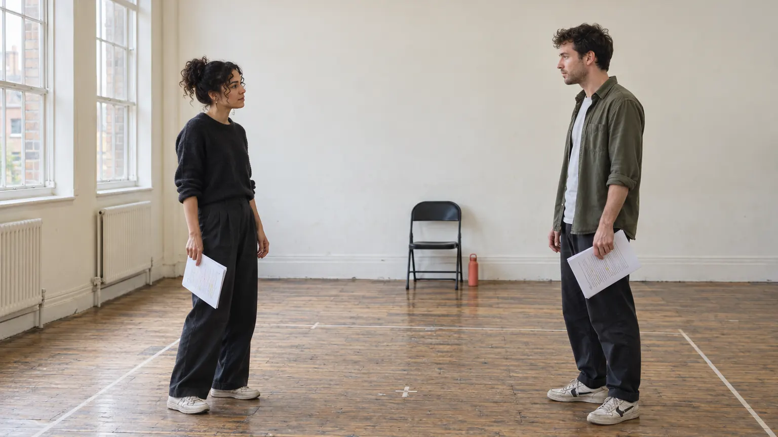 Two actors rehearsing a duologue in a drama school studio, scripts at their sides, a phone on the empty chair between them