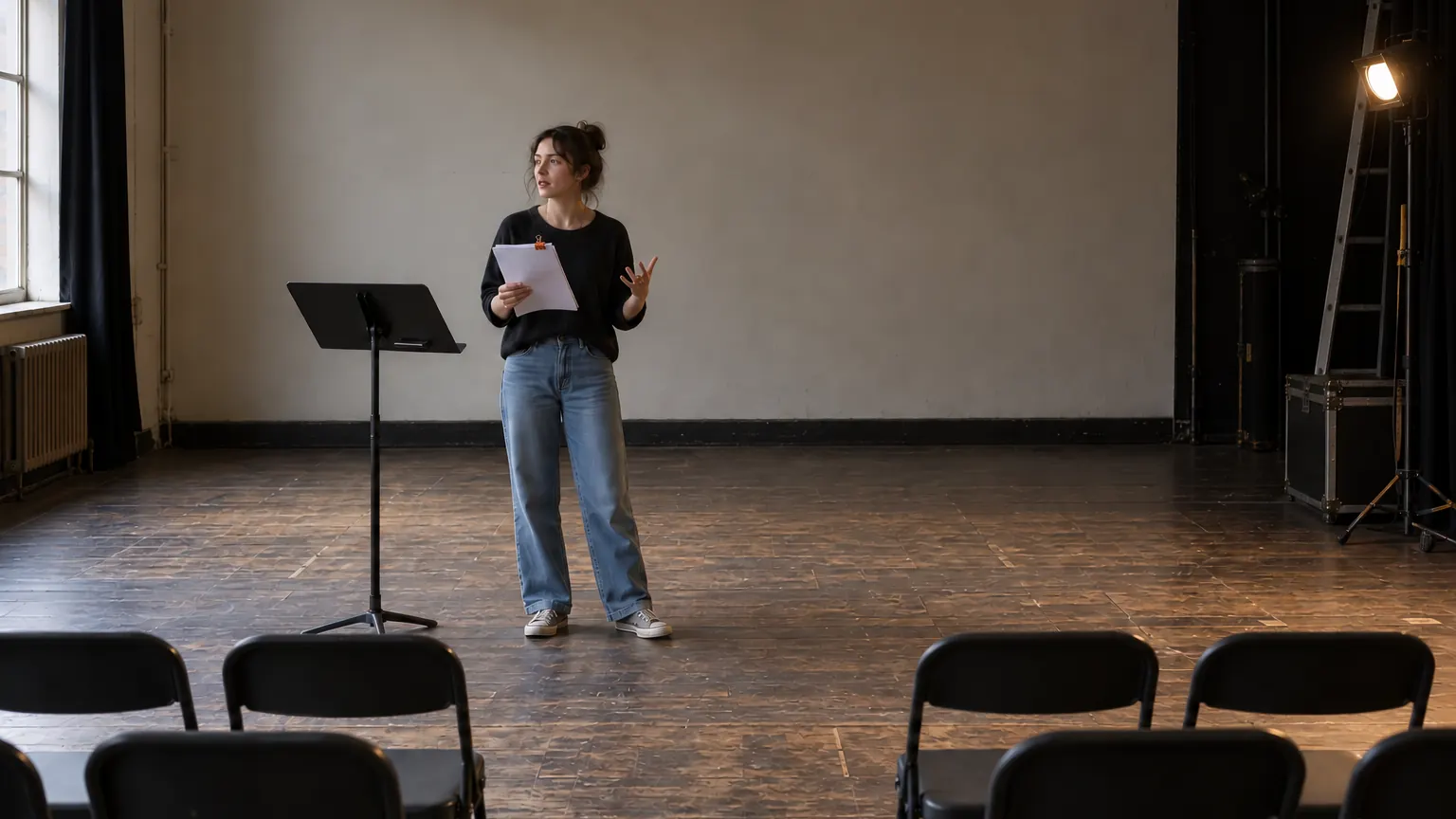 Une comédienne travaille un monologue sur un plateau vide, texte à la main