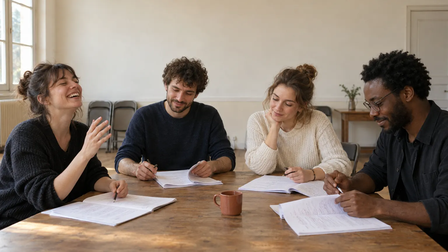 Quatre comédiens lisent une pièce autour d’une table, en salle de répétition